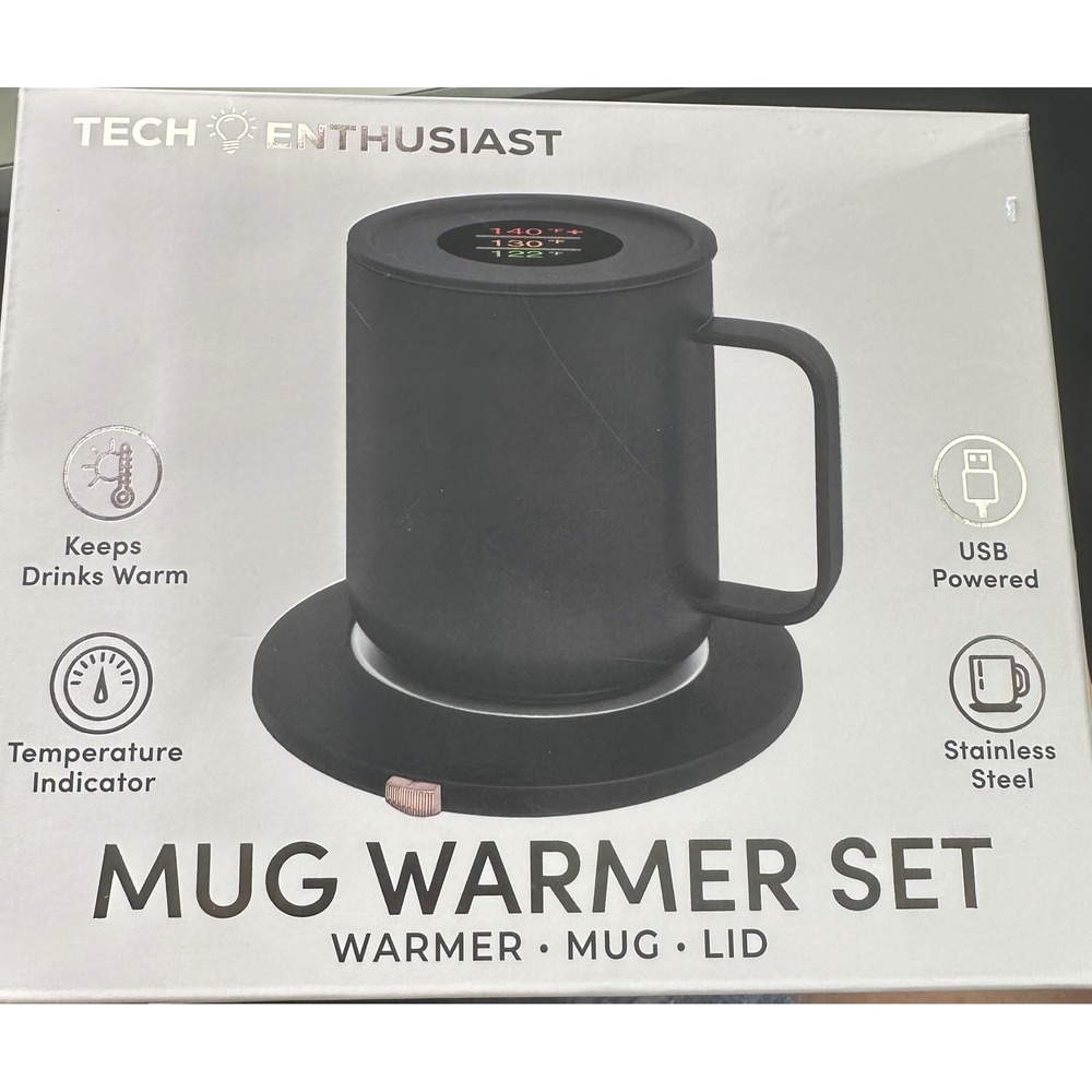 Tech Enthusiast Mug Warmer Set USB Powered Stainless Steel Mug Lid Black NIB